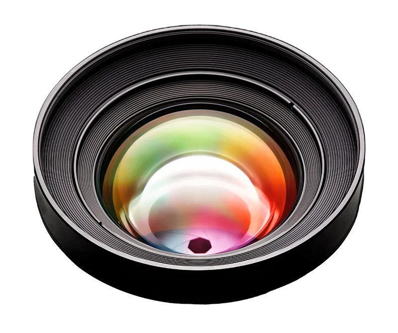 A camera lens with a variety of colors inside