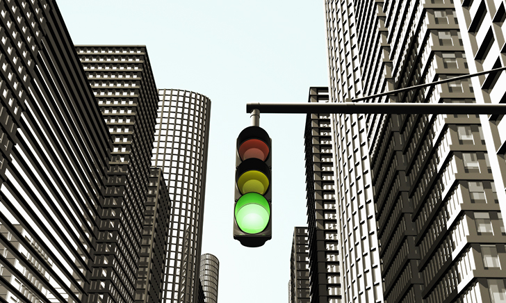 A traffic light in a city
